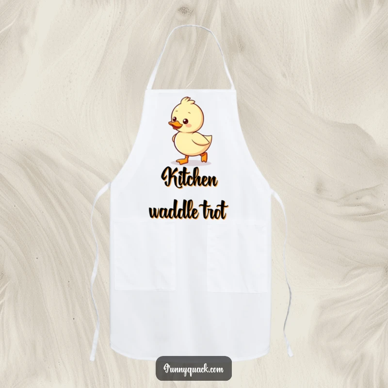 Funny Kawaii Duck Apron, a duck waddling excitedly with tiny boots, great for cheerful cooking.