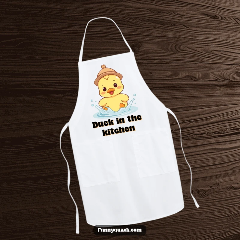 Funny Kawaii Duck Apron, a duck wearing a tiny hat, splashing enthusiastically, great for cheerful cooking.