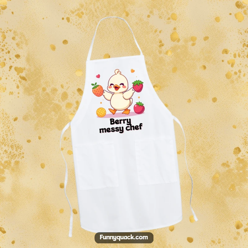 Funny kawaii duck apron showing a cute duck character juggling bright, colorful abstract berries, bringing fruity humor to the kitchen.