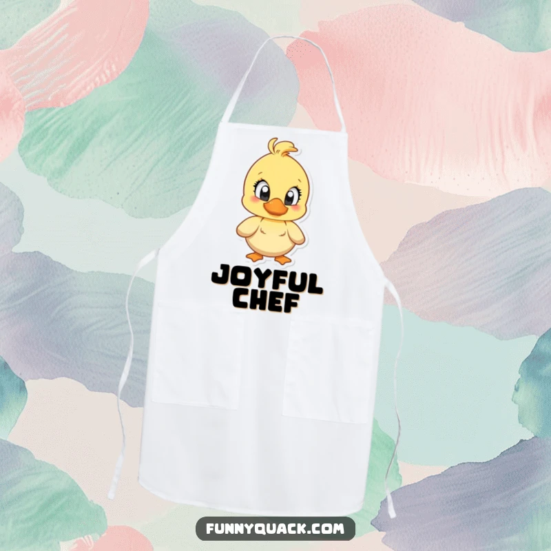 Funny apron showing a duck character with large, bright eyes, quacking with exaggerated and contagious joy.