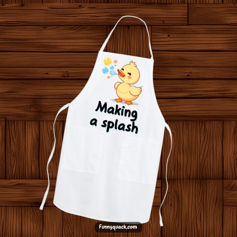 A durable, funny apron adorned with a delighted duck blowing colorful bubbles, ideal for a cheerful cook in the kitchen.