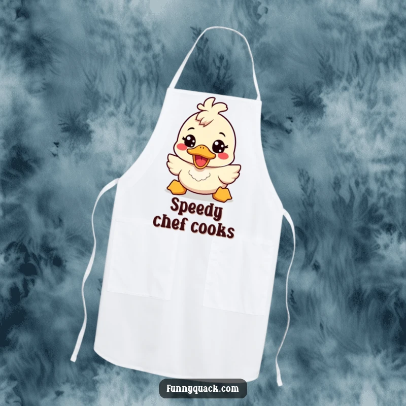 Funny kawaii duck apron showing a cute duck character with a broad, energetic smile, bringing cheerful humor to the kitchen.