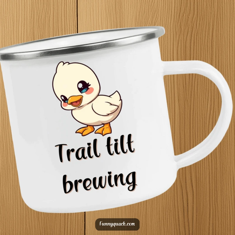 Funny kawaii duck camping mug showing a cute duck character tilting its head playfully, perfect for curious outdoor humor.