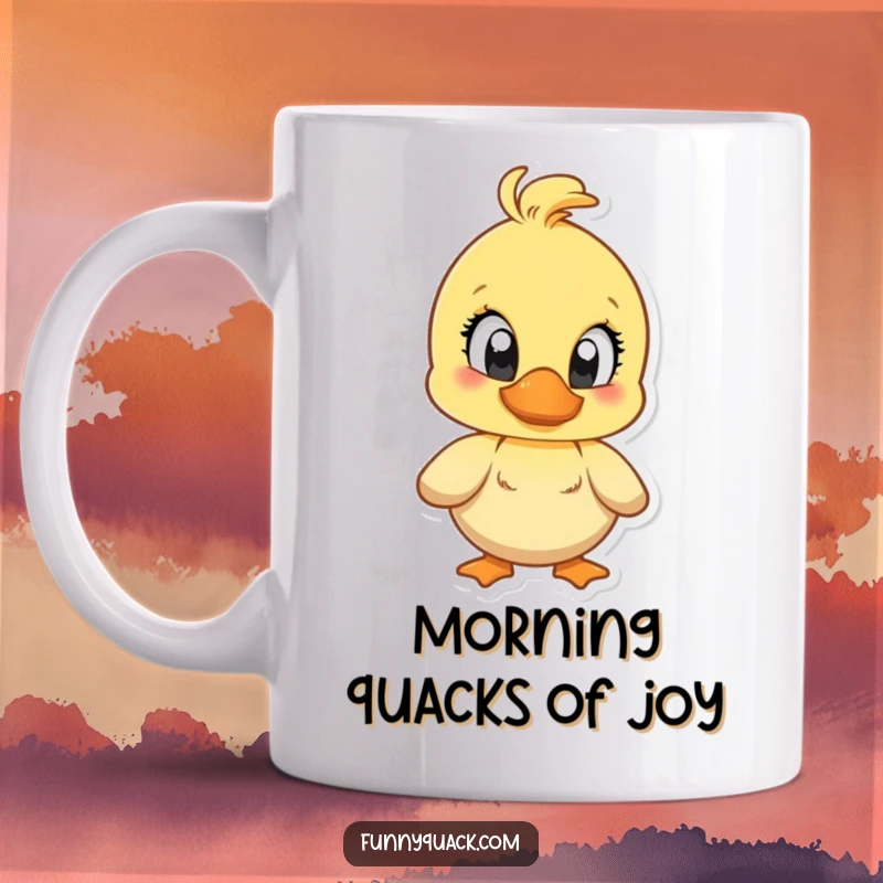 Funny mug featuring a duck character with large, bright, expressive eyes, quacking with over-the-top exaggerated joy.
