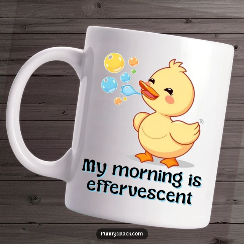 Funny duck blowing colorful bubbles with pure delight on a white mug, showcasing a whimsical and joyful cartoon character.