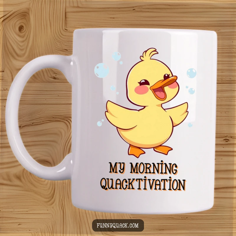 Funny kawaii duck character honking happily, surrounded by playful bubbles, on a cute mug, bringing joy.