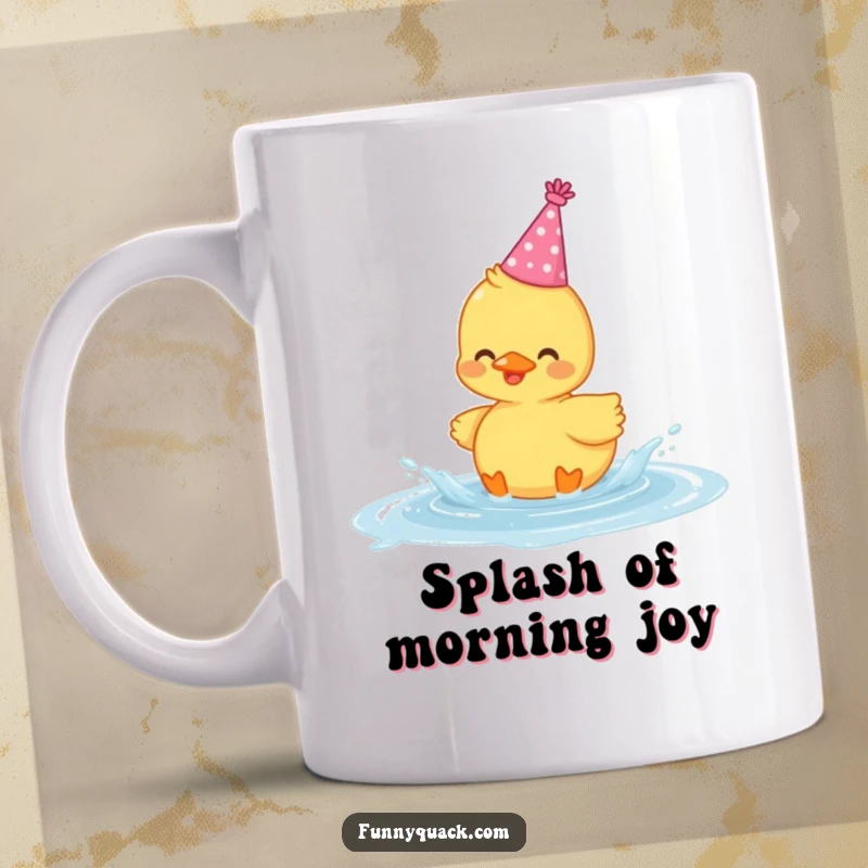 Funny mug featuring an adorable kawaii duck wearing a colorful party hat, gleefully splashing in a puddle with big eyes.