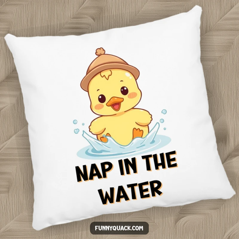 Funny Kawaii Duck Pillow, a duck in a tiny hat, splashing enthusiastically, soft and full of watery fun.