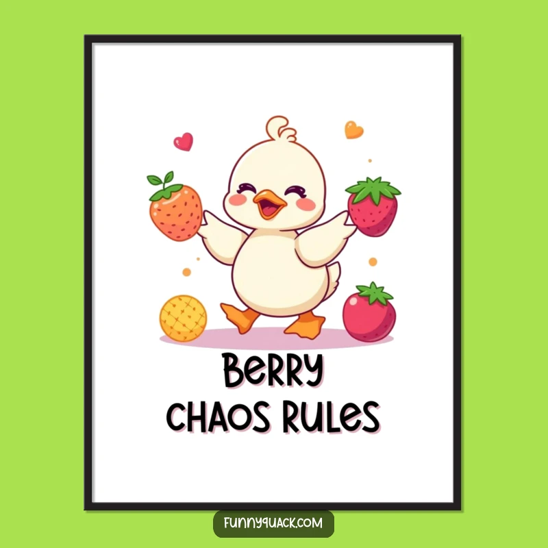 Funny Kawaii Duck Juggling Berries Digital Art: Fruit Humor Print