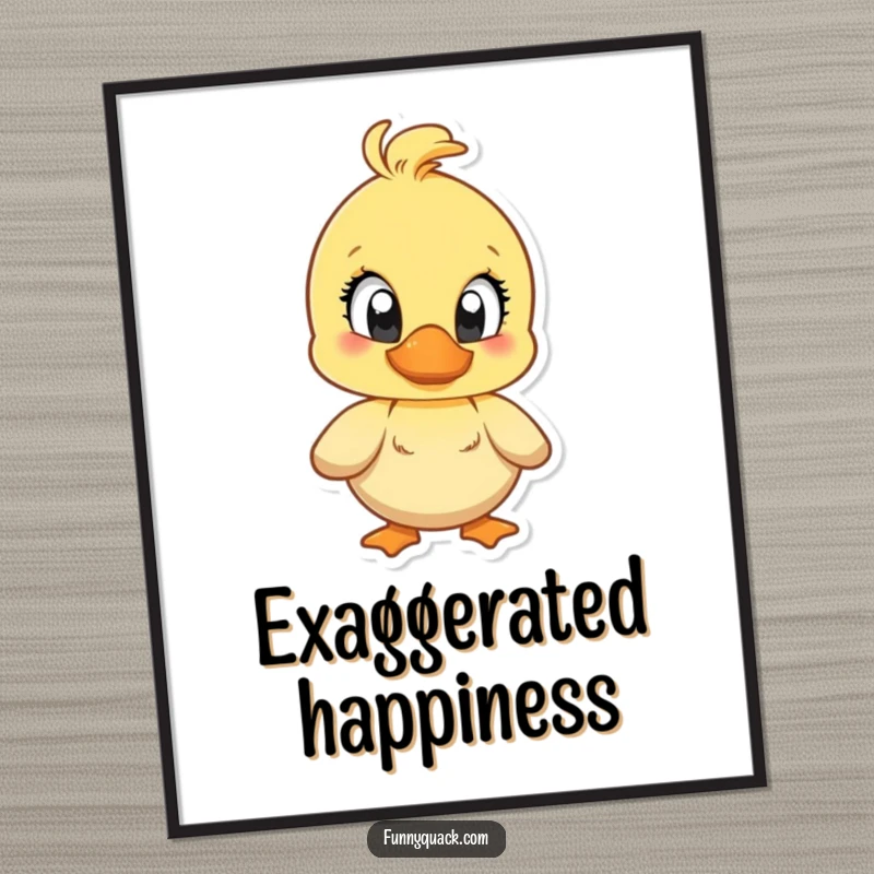 Funny digital art print of a duck character with big, bright eyes, quacking with exaggerated and contagious joy.