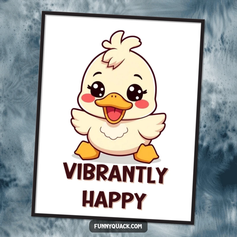 Funny kawaii duck digital art print showing a cute duck character with a broad, energetic smile, radiating cheerful humor.