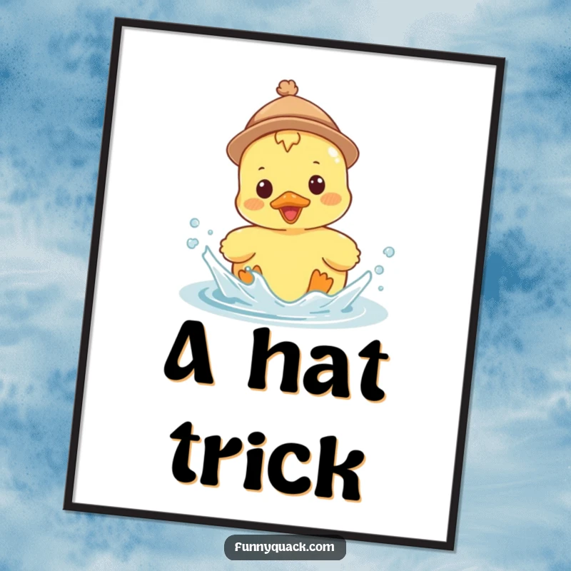 Funny Kawaii Duck Digital Art Print, a duck in a tiny hat, splashing enthusiastically, for instantly cheerful decor.