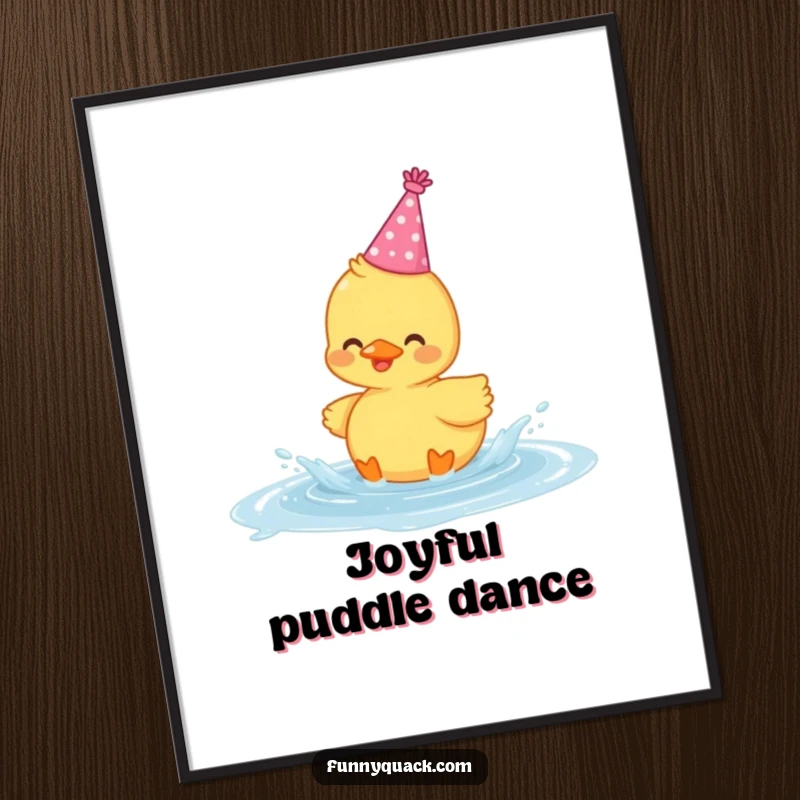 Funny digital art print of a cute kawaii duck wearing a party hat and gleefully splashing in a puddle.