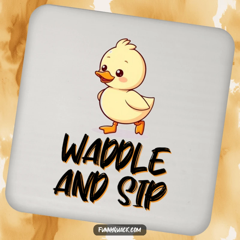 Funny Kawaii Duck Coaster, a duck waddling excitedly with tiny boots, protecting surfaces with humor.