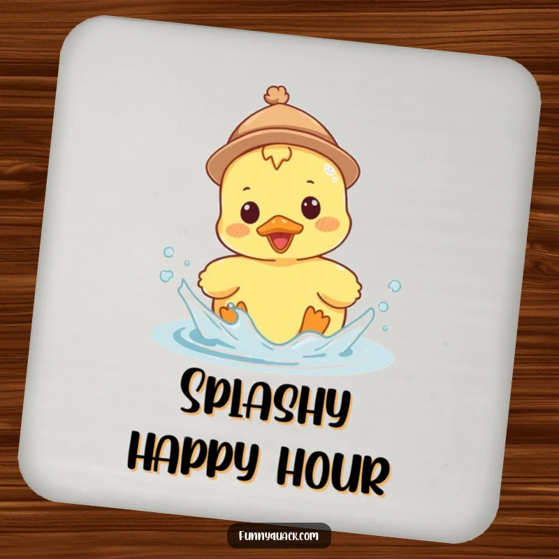 Funny Kawaii Duck Coaster, a duck in a tiny hat, splashing enthusiastically, protecting surfaces with humor.