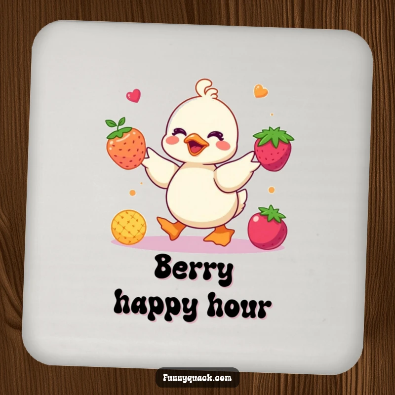 Funny kawaii duck coaster featuring a cute duck character juggling bright, colorful abstract berries, adding fruity humor to tables.