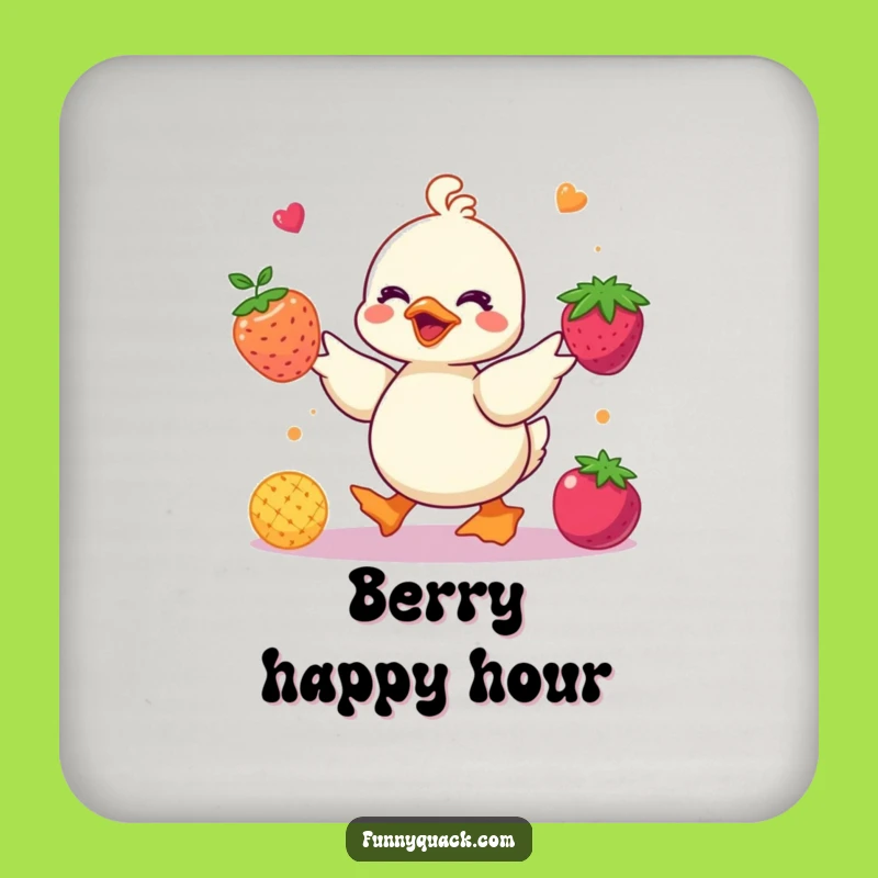 Funny Kawaii Duck Juggling Berries Coaster: Colorful Table Humor Gift