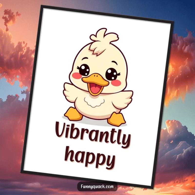 Funny kawaii duck poster featuring a cute duck character with a broad, energetic smile, bringing cheerful humor and vibrancy.