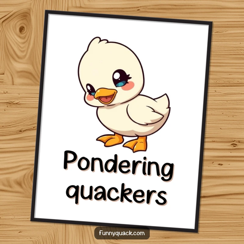 Funny kawaii duck poster featuring a cute duck character tilting its head playfully, bringing curious charm and lighthearted humor.