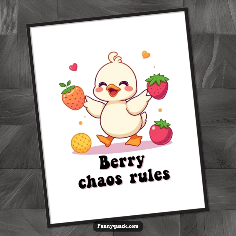 Funny kawaii duck poster featuring a cute duck character juggling bright, colorful abstract berries, bringing vibrant humor and charm.