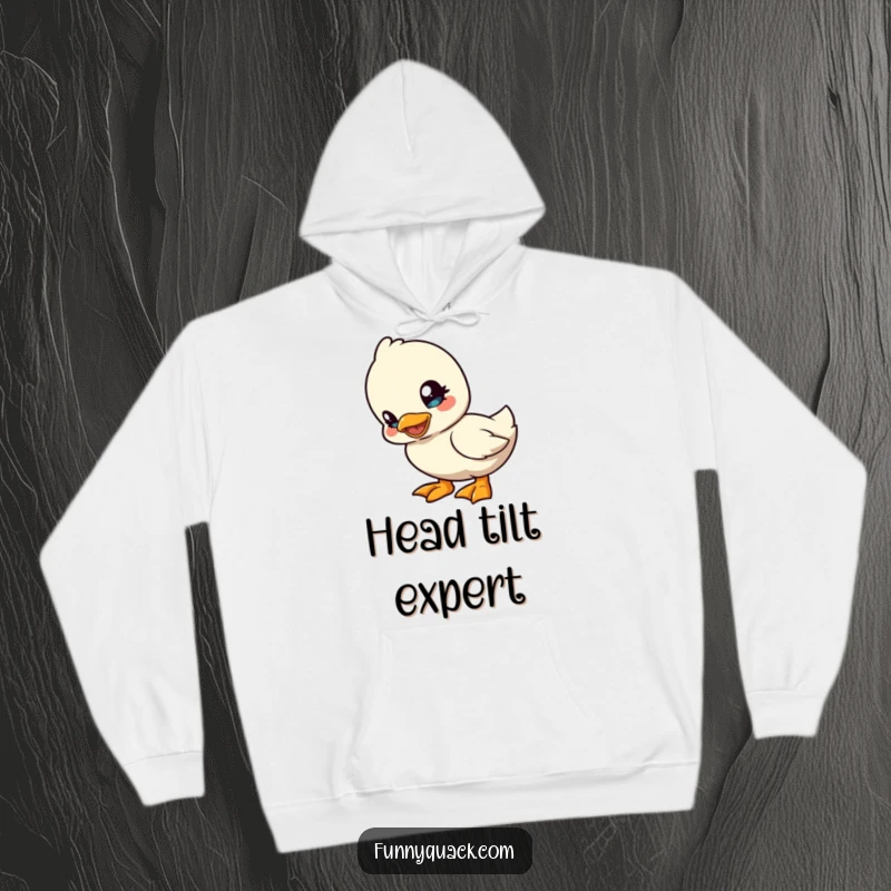Funny kawaii duck hoodie featuring a cute duck character tilting its head playfully, designed for cozy, humorous charm.