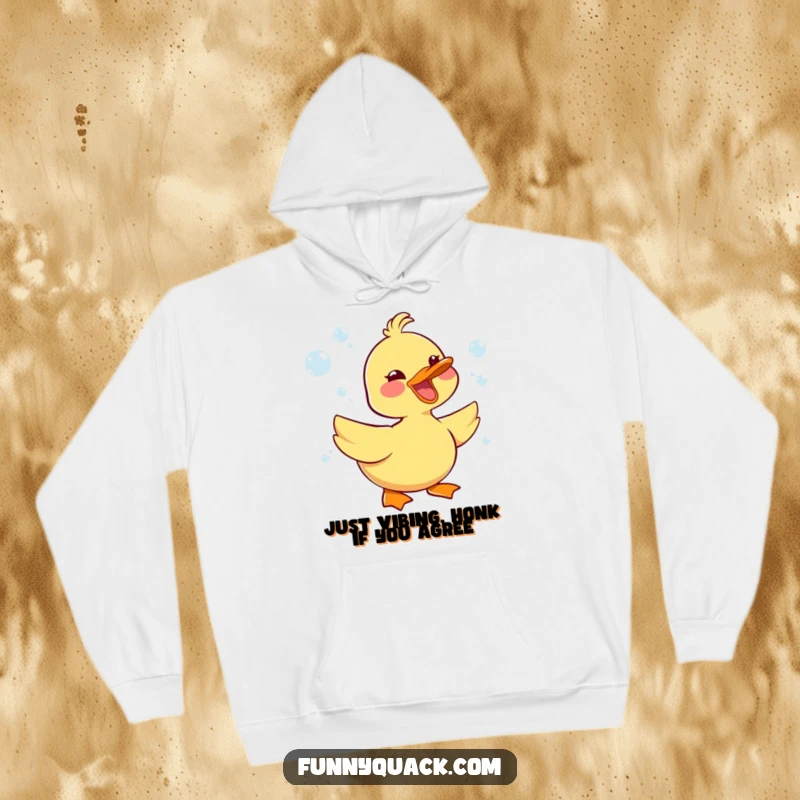 Funny kawaii duck character honking ecstatically, surrounded by effervescent bubbles, on a soft, warm hoodie.