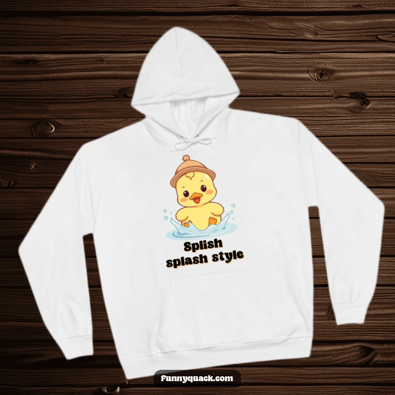 Funny Kawaii Duck Hoodie, a duck wearing a tiny hat, splashing with enthusiasm, perfect for cozy water fun.