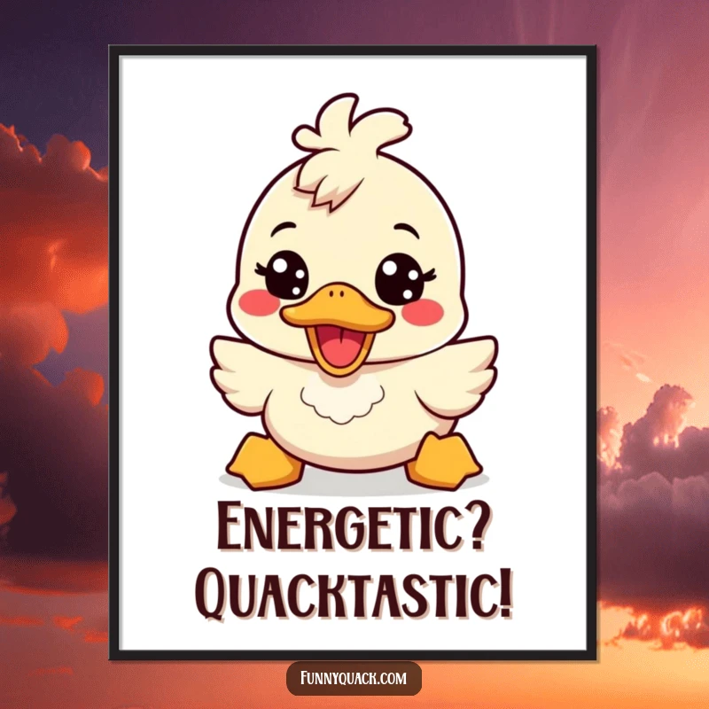 Funny Free Printable Wall Art: An extremely cheerful and energetic kawaii duck with a wide smile brings vibrant humor to any room. Downloadable.