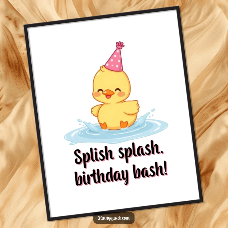 Free Printable Wall Art: A kawaii duck wearing a party hat, gleefully splashing in a puddle with great joy