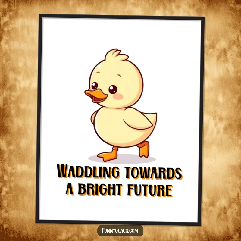 Funny free printable wall art of a kawaii duck waddling excitedly wearing tiny boots. Bringing cheerful steps to your room!