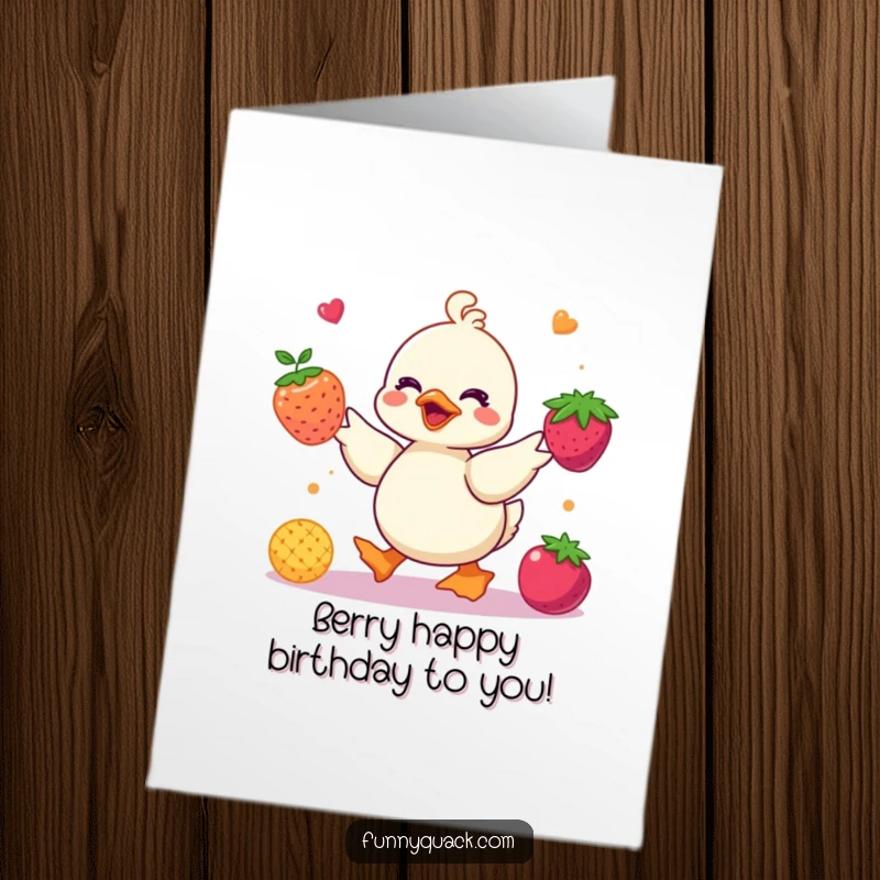 Funny Free Printable Birthday Card: A skillful kawaii duck juggles colorful berries, celebrating a birthday with vibrant, playful energy. Downloadable.