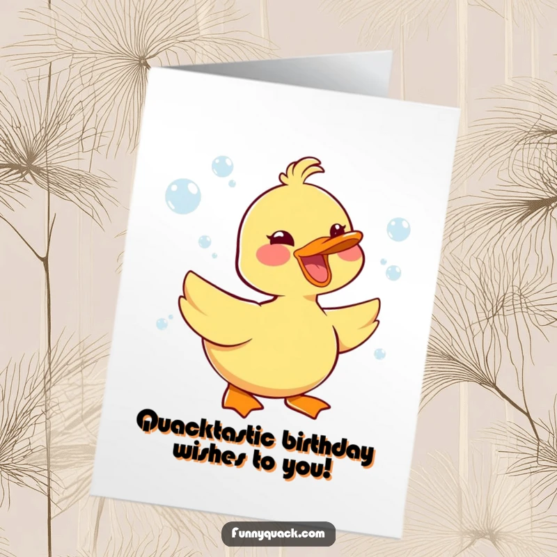 Funny Free Printable Birthday Card featuring a kawaii duck honking joyfully amidst a cascade of bubbles, ready to spread cheer.