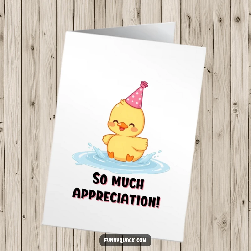 Funny Free Printable Thank You Card: Kawaii duck in a party hat happily splashing in a puddle