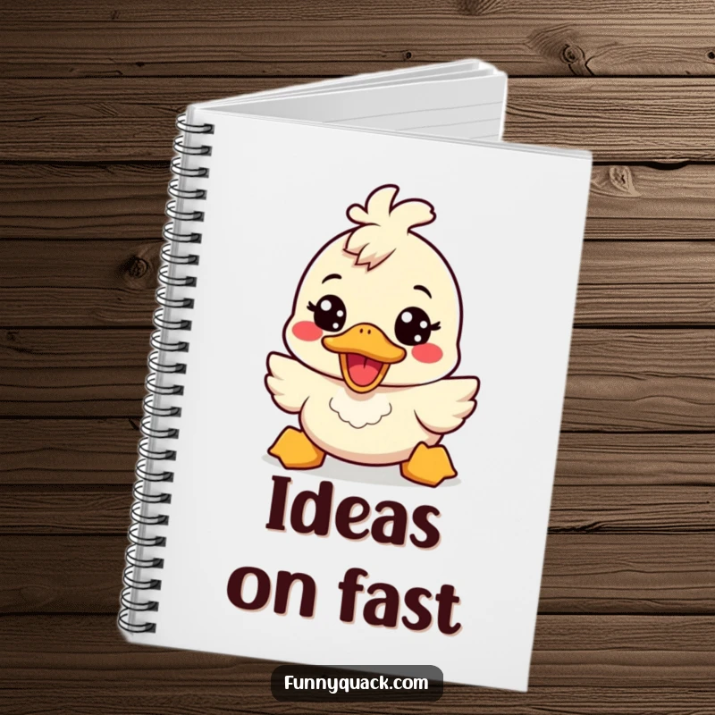 Funny kawaii duck notebook with a cute duck character sporting a broad, energetic smile, perfect for jotting down cheerful and humorous thoughts.