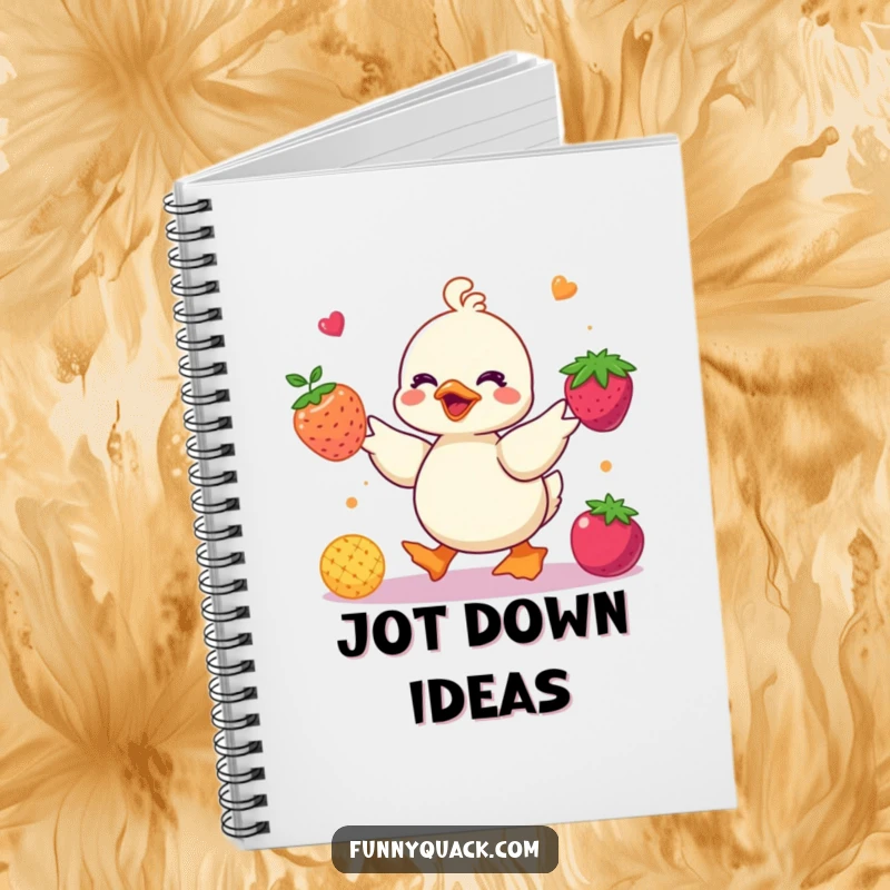 Funny kawaii duck notebook with a cute duck character juggling bright, colorful abstract berries, perfect for jotting down fruity and humorous thoughts.