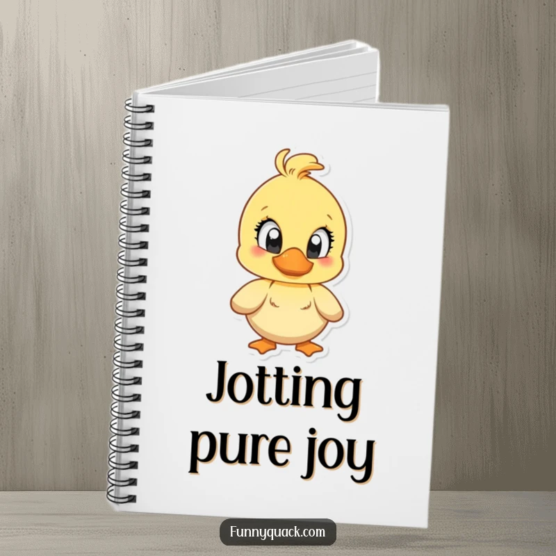 Funny notebook cover featuring a duck character with large, bright eyes, quacking with exaggerated joy.