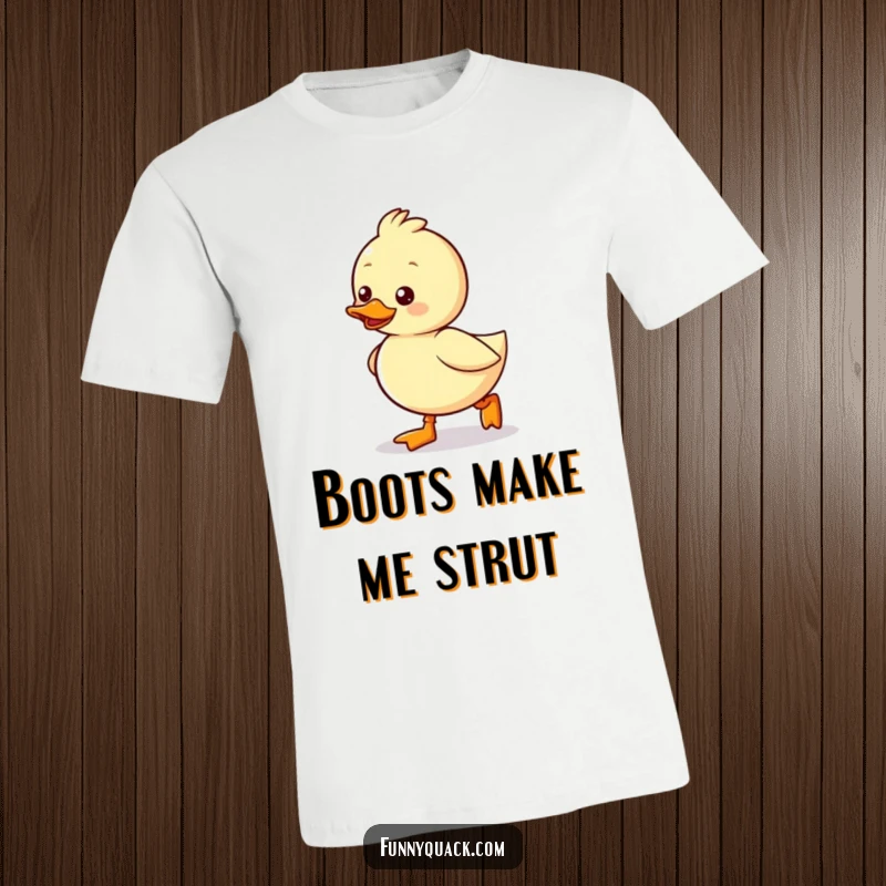 Funny Kawaii Duck T-Shirt, a duck waddling excitedly with tiny boots, perfect for a happy stroll.