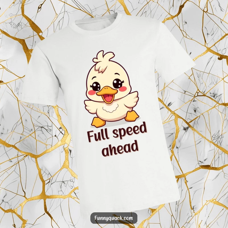 Funny kawaii duck t-shirt depicting a cute duck character with a broad, energetic smile, radiating cheerful enthusiasm and humor.