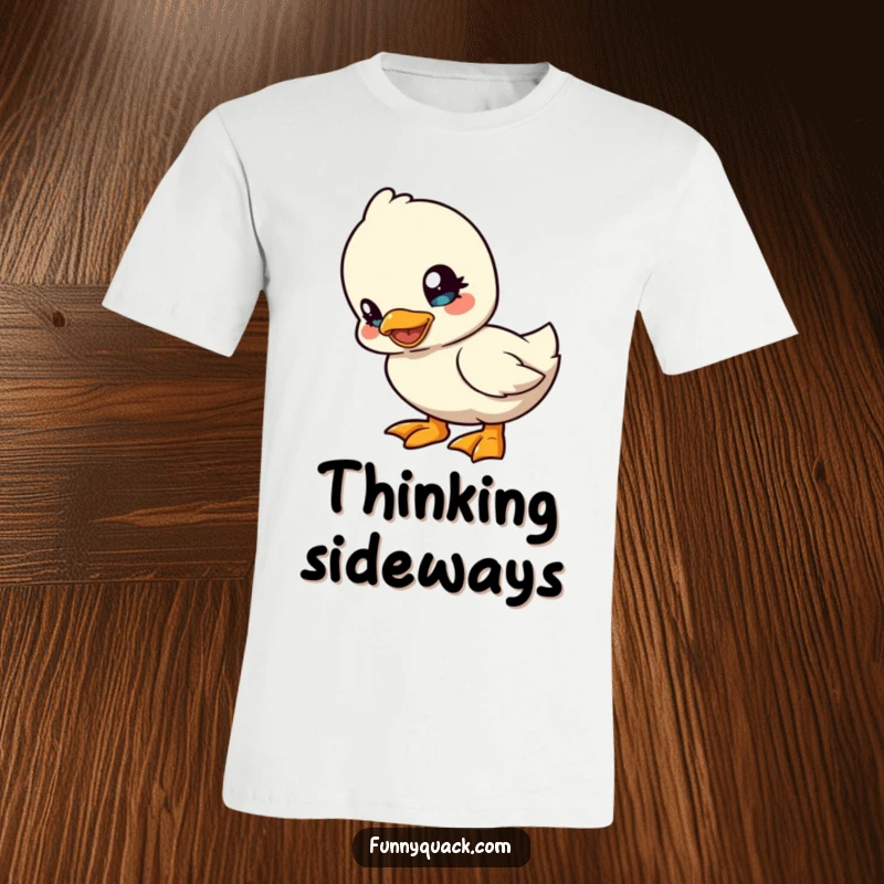 Funny kawaii duck t-shirt depicting a cute duck character tilting its head playfully, exuding curiosity and lighthearted humor.