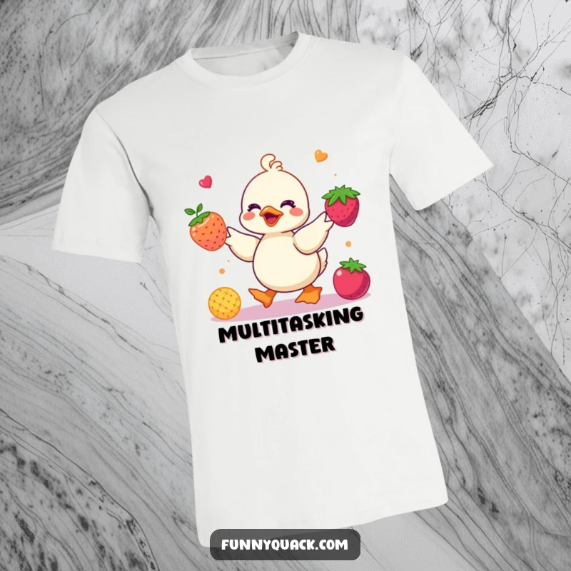 Funny kawaii duck t-shirt depicting a cute duck character juggling bright, colorful abstract berries with cheerful enthusiasm and humor.
