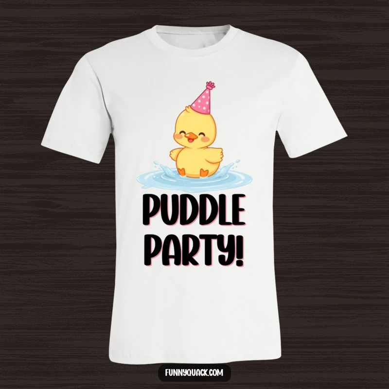 Funny t-shirt featuring a cute, kawaii-style duck wearing a party hat, gleefully splashing in a puddle with a joyful expression.