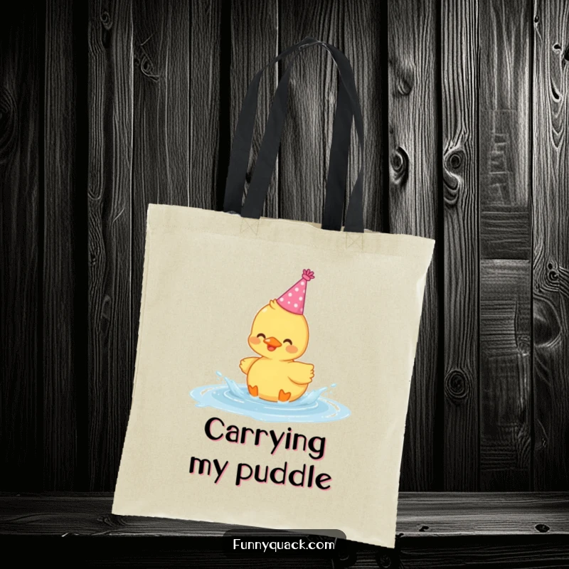 Funny tote bag featuring a cute kawaii duck wearing a party hat, joyfully splashing in a puddle.
