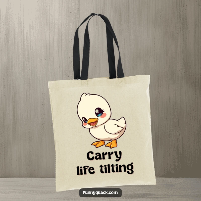 Funny kawaii duck tote bag showing a cute duck character tilting its head playfully, perfect for carrying items with humorous curiosity.