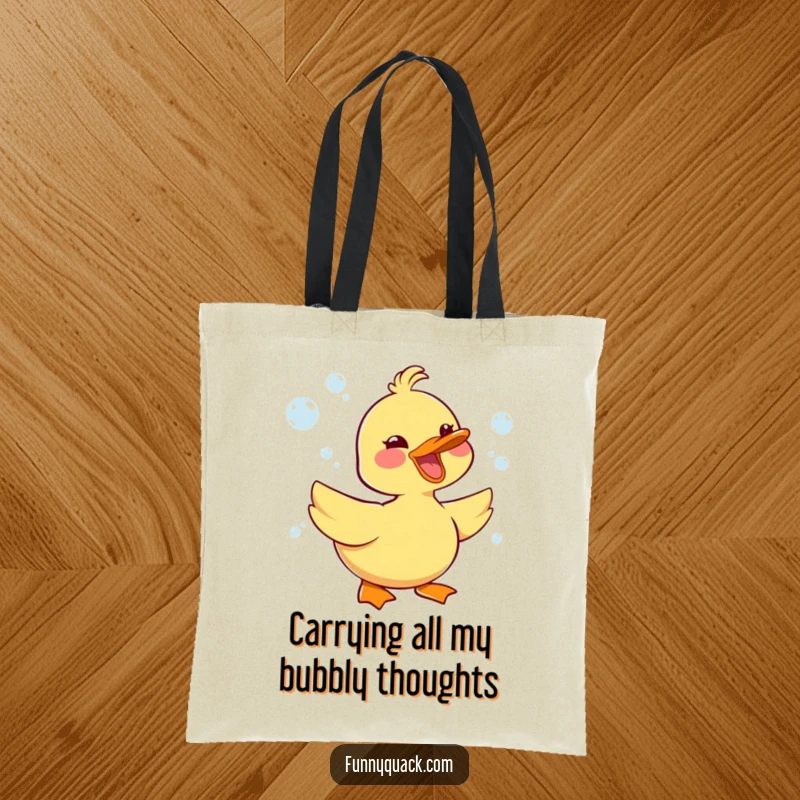 Funny kawaii duck character honking joyfully, with lots of bubbles, on a durable tote bag design.