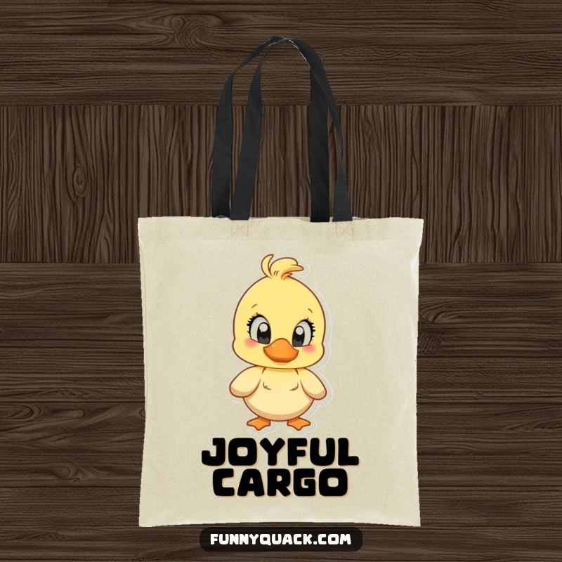 Funny tote bag featuring a duck character with big, bright eyes, quacking with over-the-top exaggerated joy.